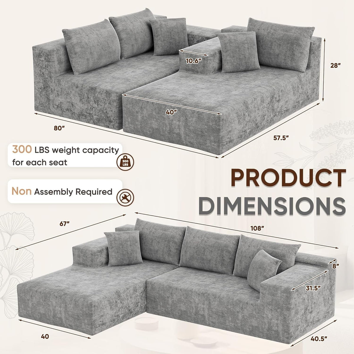 108 Inch Grey Chenille Cloud Sectional Sofa With Deep Seat by ShipItFurniture