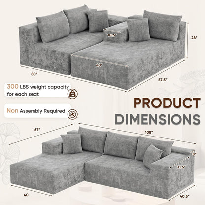108 Inch Grey Chenille Cloud Sectional Sofa With Deep Seat by ShipItFurniture
