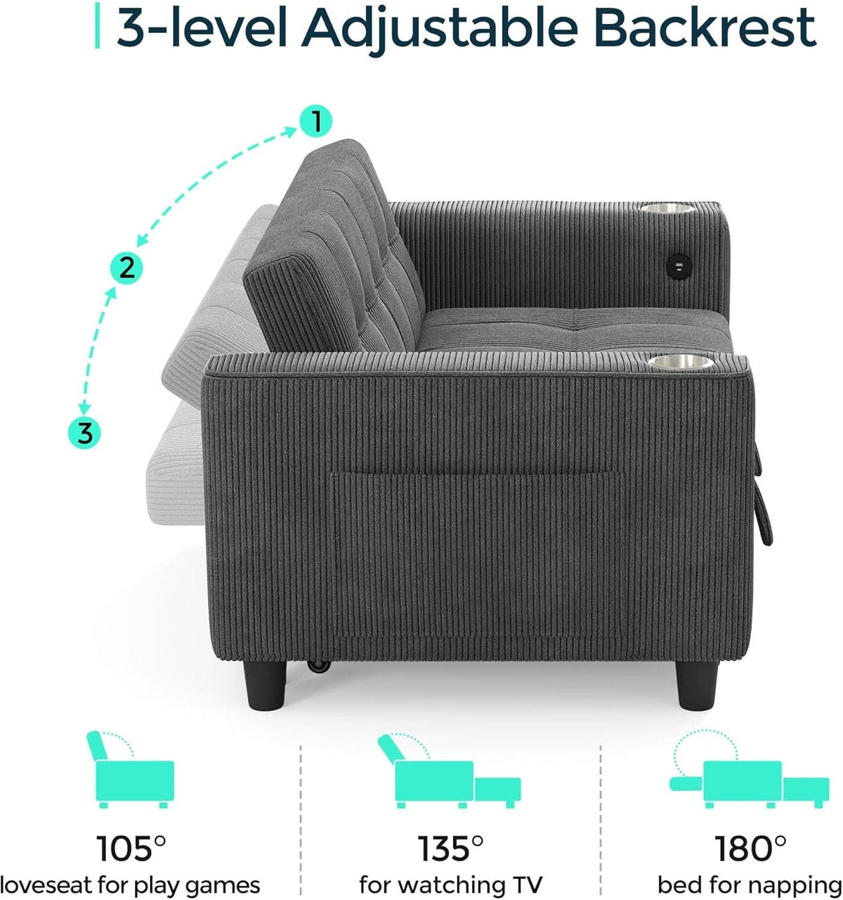 Corduroy Gray 54 Inch Multifunctional Sleeper Sofa by ShipItFurniture