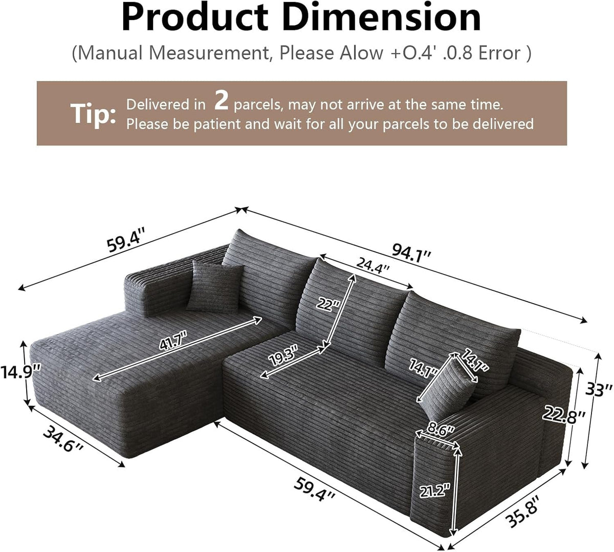 Grey Ninety FiveInch Upholstered Corduroy Sleeper Sofa by ShipItFurniture