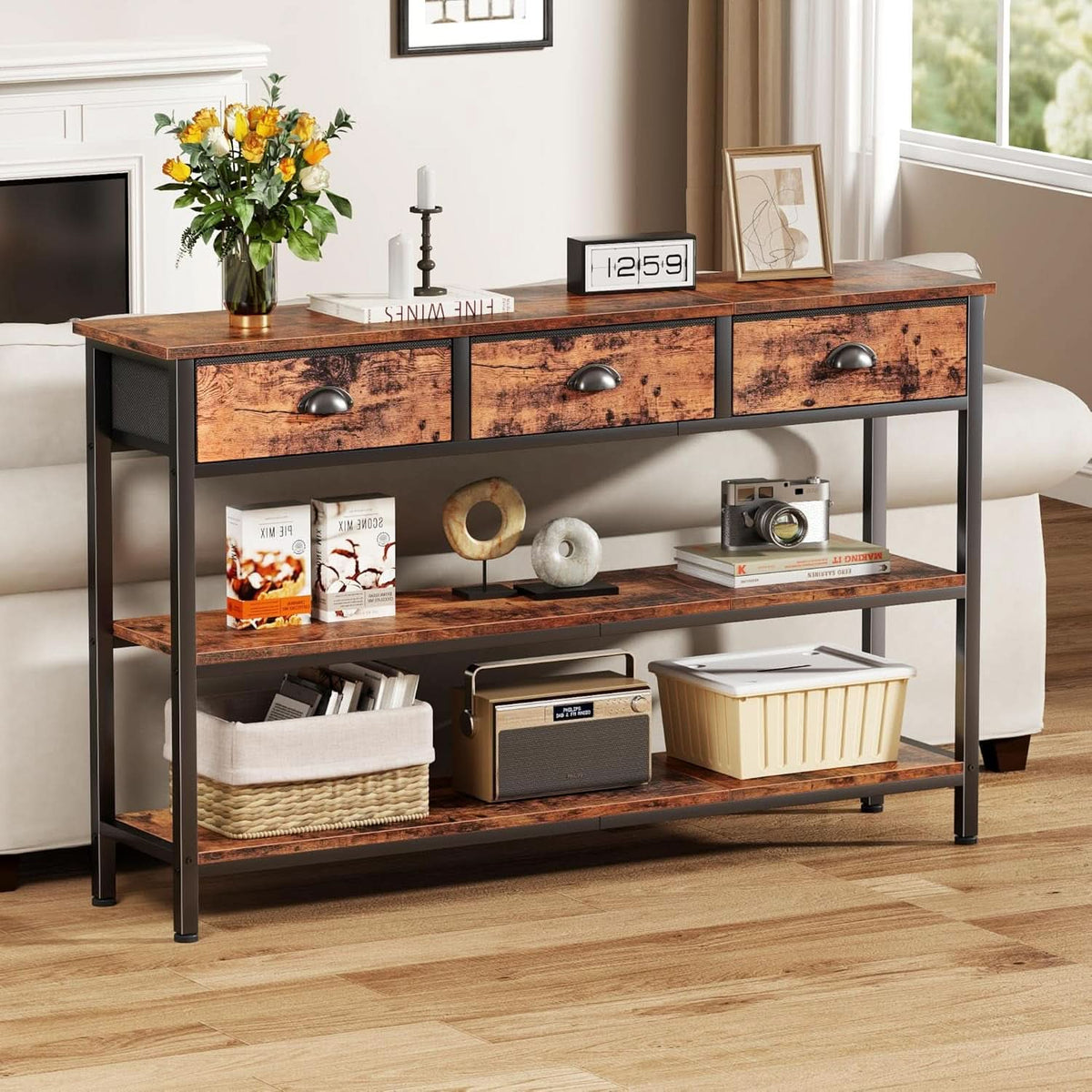 47-Inch Rustic Brown Console Table with 3 Drawers and Storage Shelves by ShipItFurniture