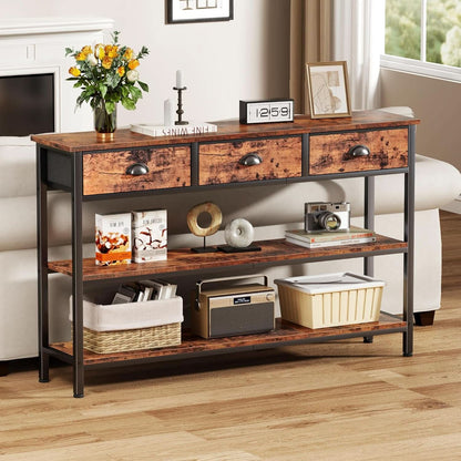 47-Inch Rustic Brown Console Table with 3 Drawers and Storage Shelves by ShipItFurniture