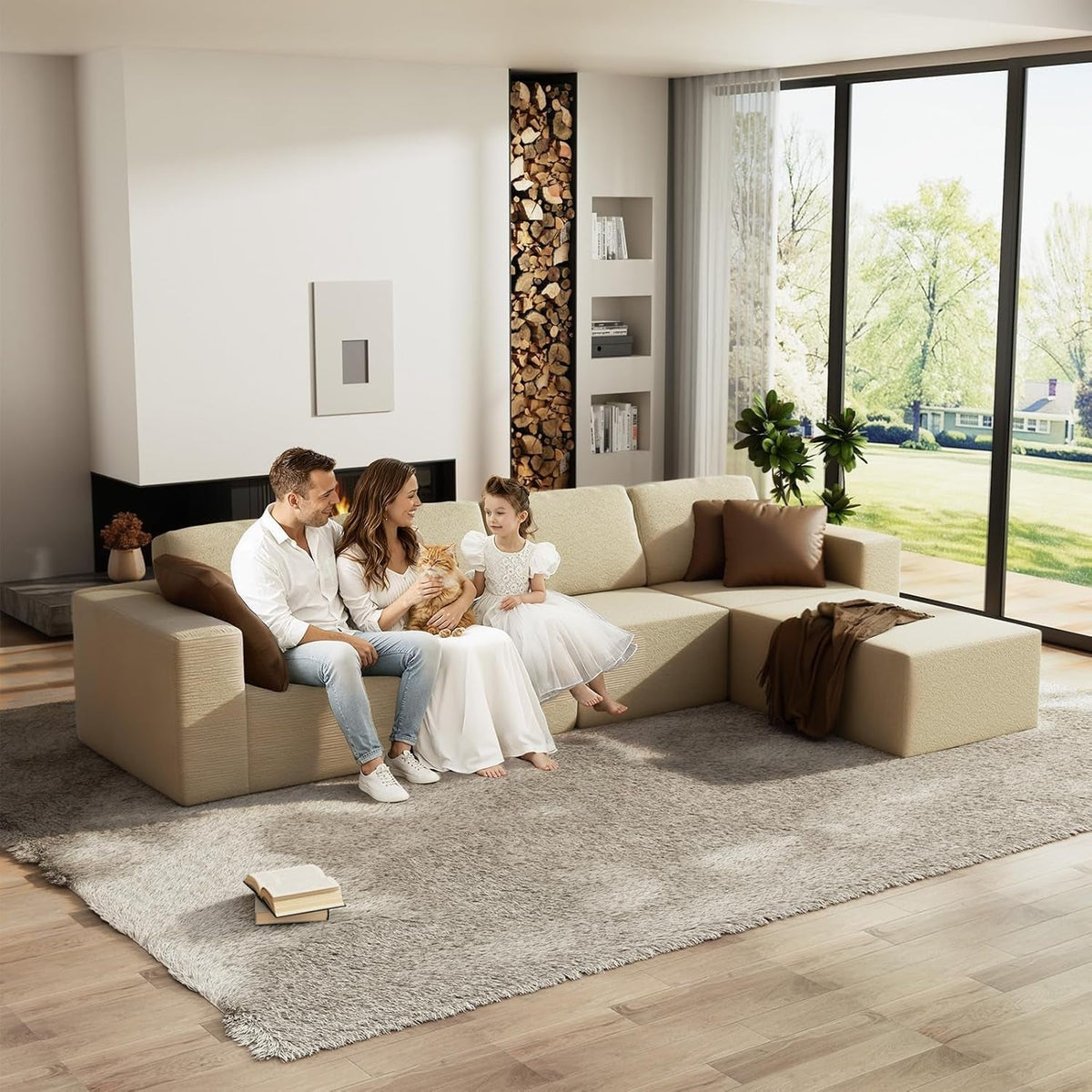 136Inch Modular L Shaped Sectional Sofa BeigeBoucle by ShipItFurniture