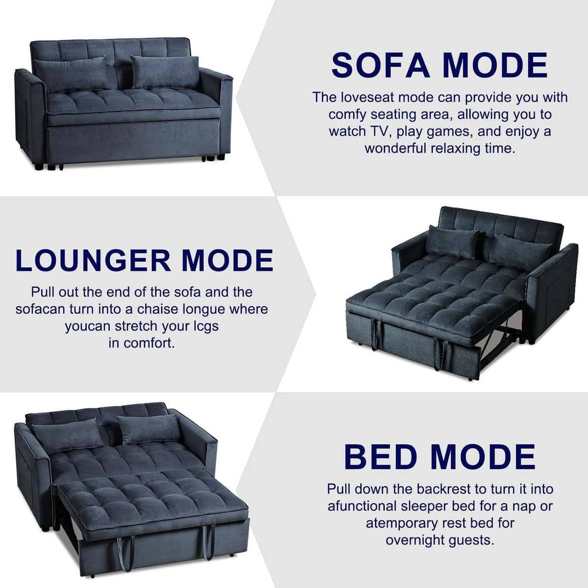 Black Velvet Convertible Sleeper Sofa Bed Luxurious by ShipItFurniture