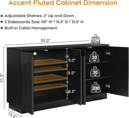 55Inch Black Fluted Mid Century Sideboard Buffet Cabinet by ShipItFurniture