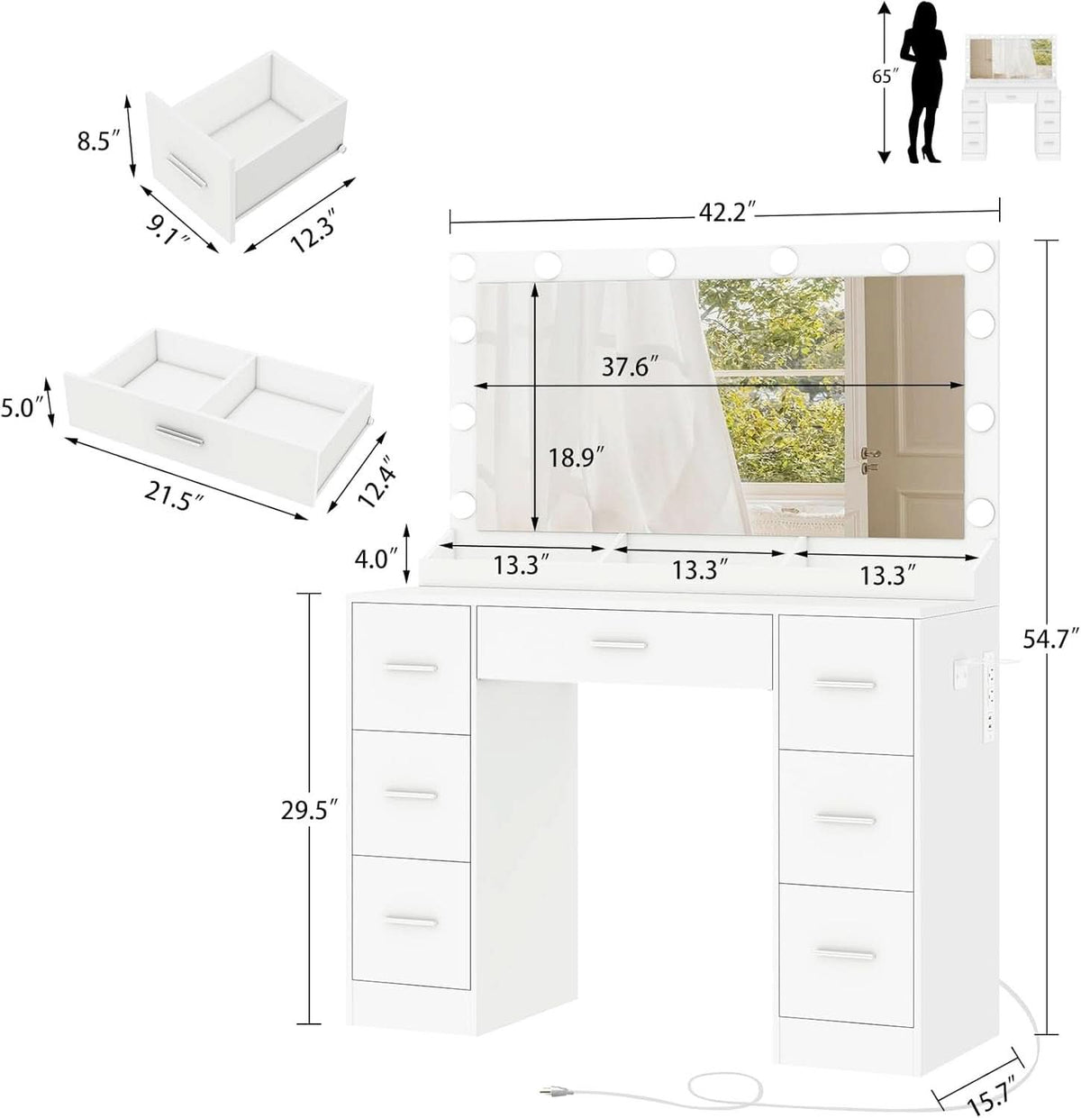 White Vanity Desk With Adjustable Illuminated Mirror by ShipItFurniture