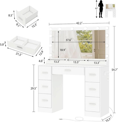White Vanity Desk With Adjustable Illuminated Mirror by ShipItFurniture