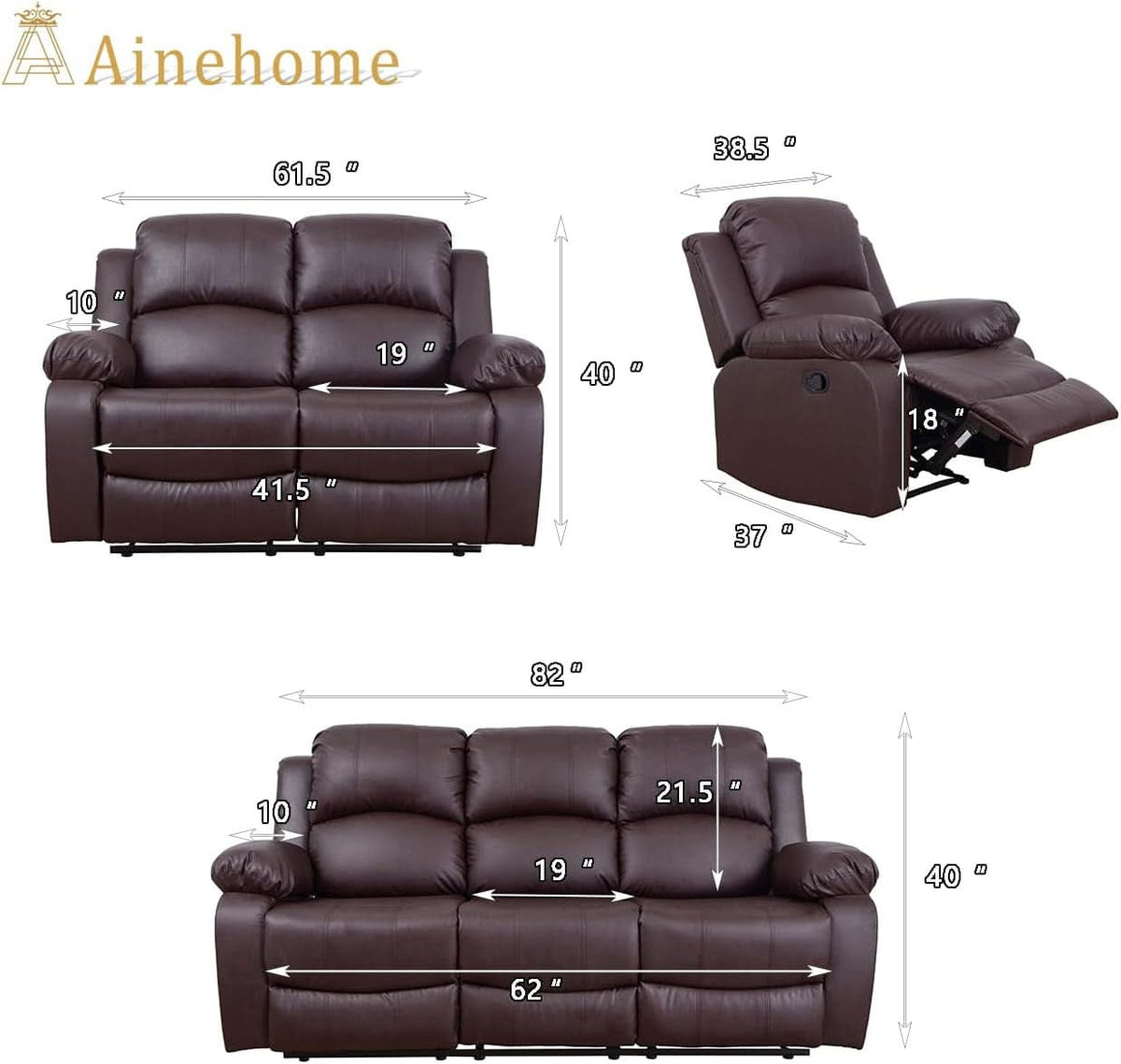 Brown Leather 3 Piece Recliner Sofa Living Room Set by ShipItFurniture