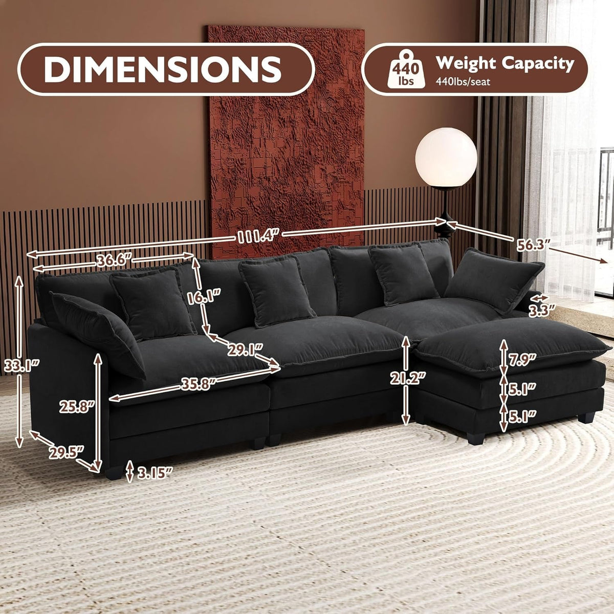 111.4-Inch L-Shaped Black High-Resilience-Deep-Seat Sectional Sofa by ShipItFurniture
