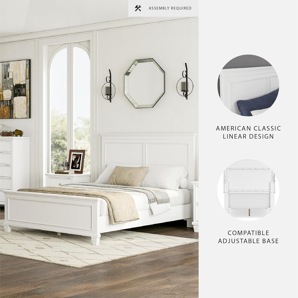 Queen Panel Bed White With Sculpted Ornate Tapered Feet by ShipItFurniture