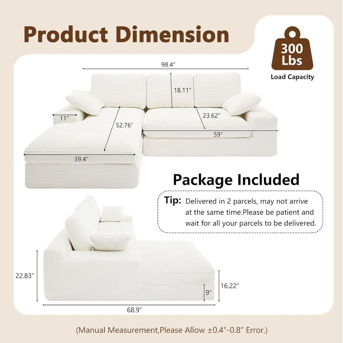 98.4Inch Cloud Modular Sectional Sofa Beige Chaise by ShipItFurniture