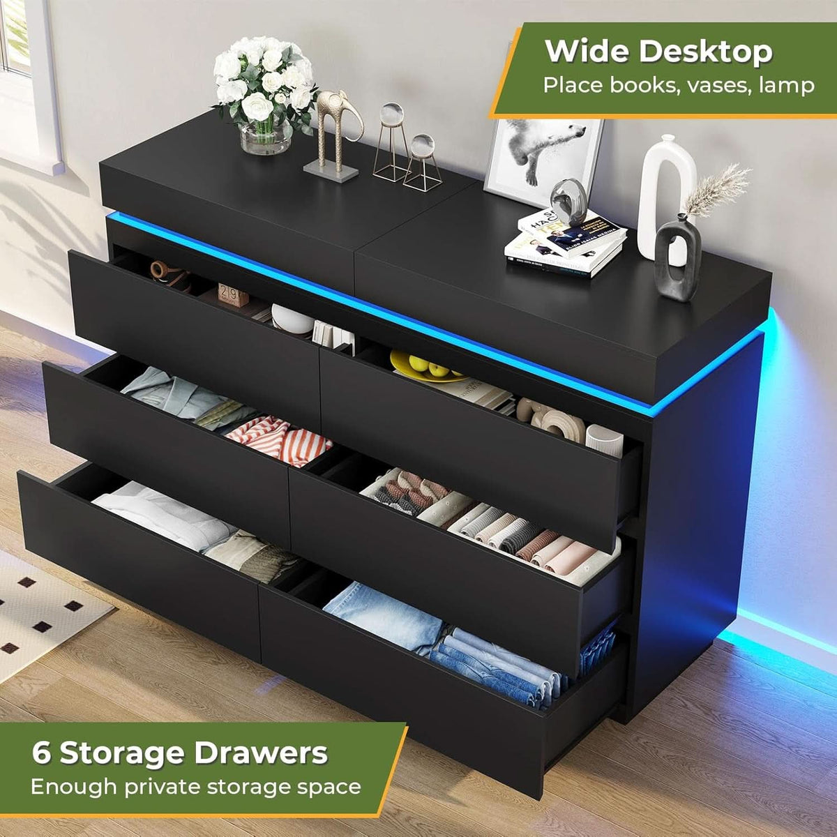 Black Multifunctional Dresser With Sliding Desk LED by ShipItFurniture