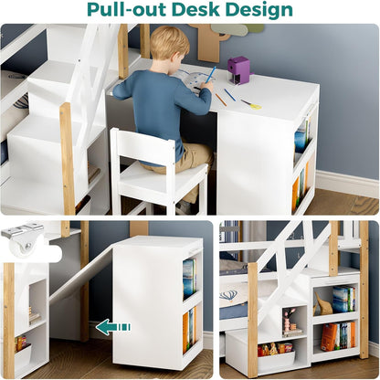 Full Over Full Bunk Bed White Wood Finish Trundle Storage by ShipItFurniture