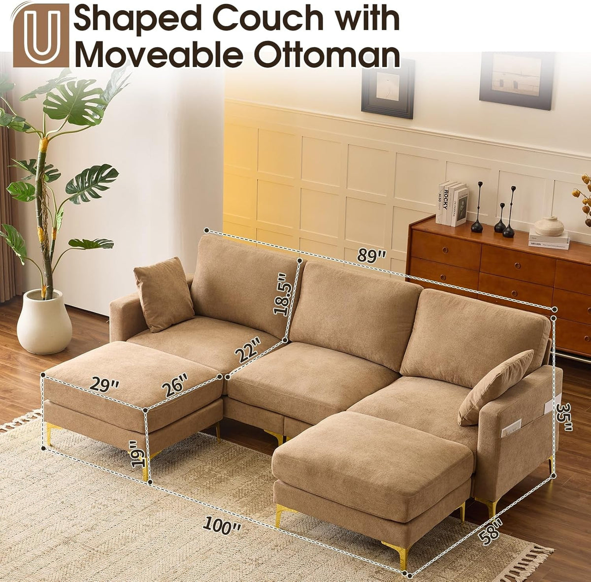 Khaki One Hundred Inch U Shaped Chenille Luxurious Couch by ShipItFurniture