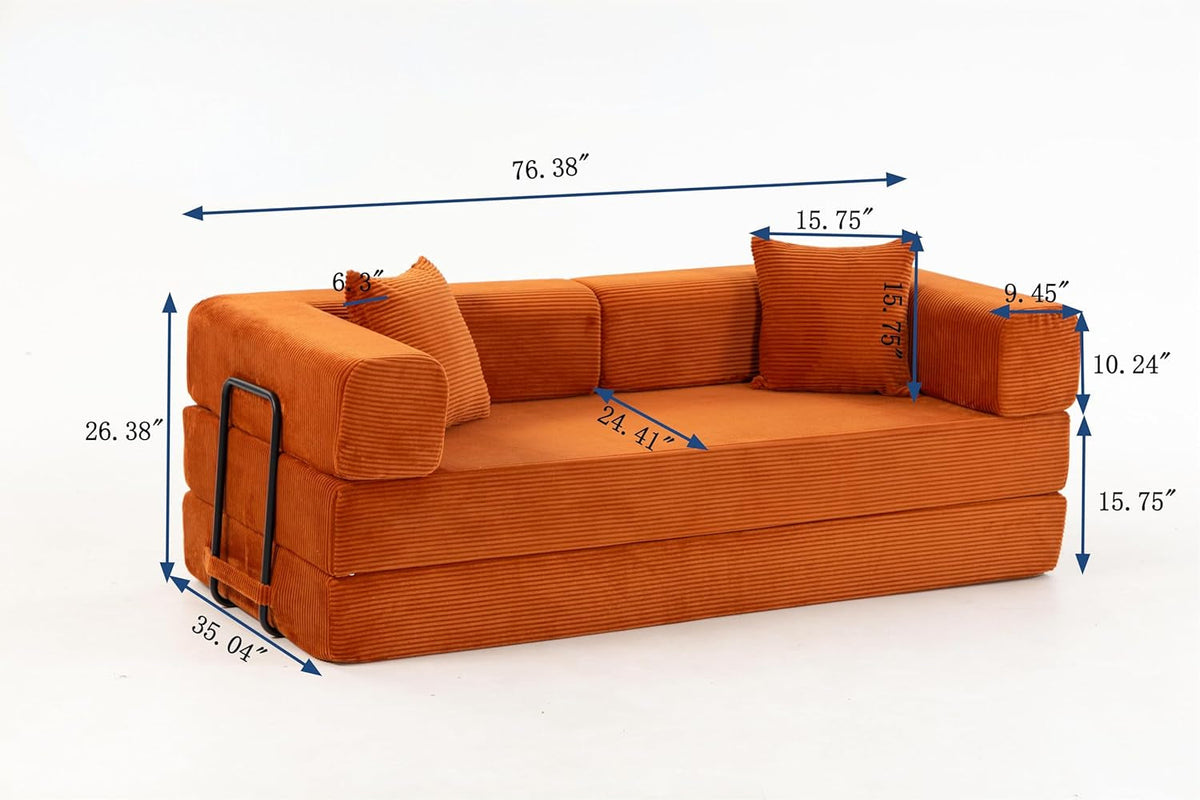76 Inch Corduroy Premium Futon Sofa Bed For Small Spaces Orange by ShipItFurniture