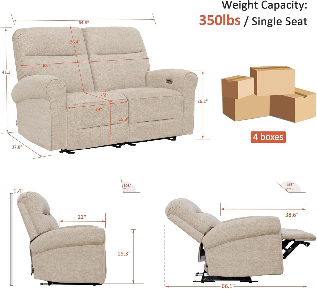64.6 Inch Wall Hugging Auto Power Recline Loveseat by ShipItFurniture