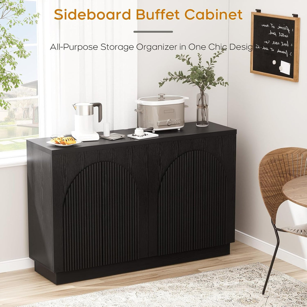 55Inch Black Fluted Mid Century Sideboard Buffet Cabinet by ShipItFurniture