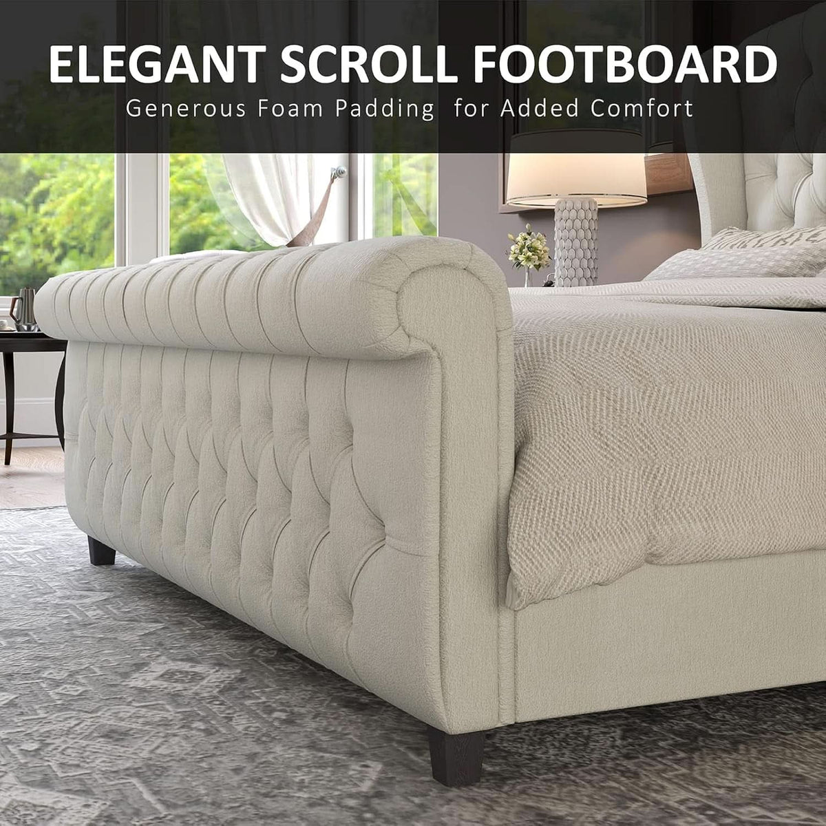 King Size Platform Bed Frame, Chenille Upholstered Sleigh Bed with Scroll Wingback Headboard & Footboard/Button Tufted/No Box Spring Required/Cream by ShipItFurniture