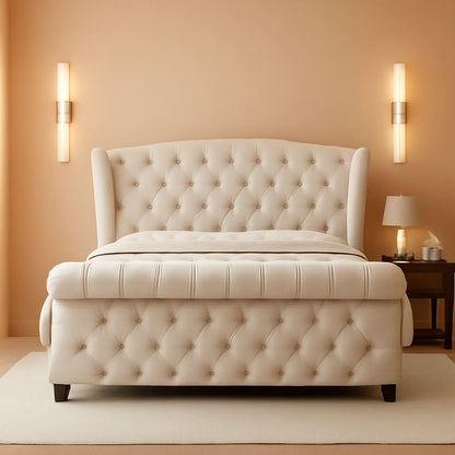 King Size Platform Bed Frame, Chenille Upholstered Sleigh Bed with Scroll Wingback Headboard & Footboard/Button Tufted/No Box Spring Required/Cream by ShipItFurniture