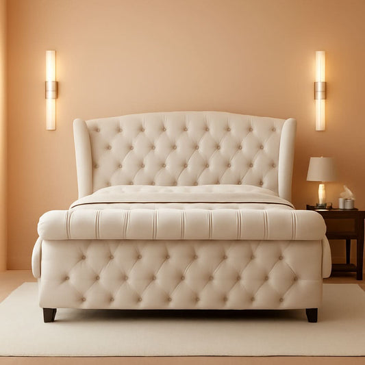 King Size Platform Bed Frame, Chenille Upholstered Sleigh Bed with Scroll Wingback Headboard & Footboard/Button Tufted/No Box Spring Required/Cream by ShipItFurniture