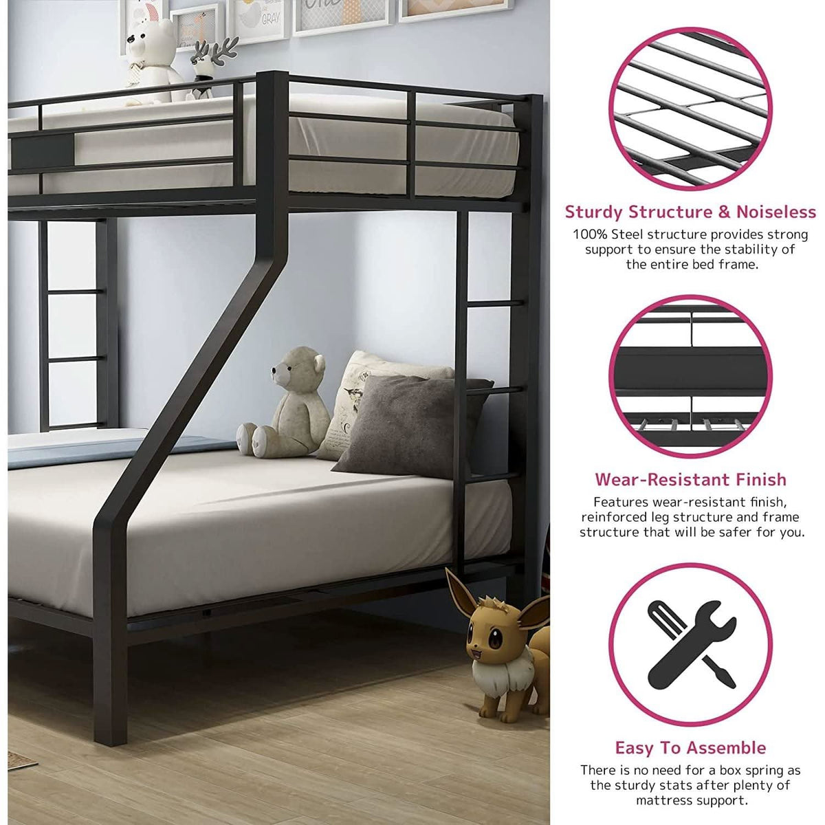 Twin XL Queen Bunk Bed In Sandy Black Finish Metal Slats by ShipItFurniture