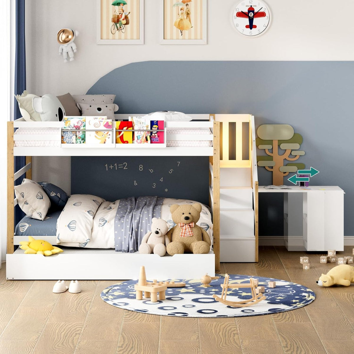 Full Over Full Bunk Bed White Wood Finish Trundle Storage by ShipItFurniture