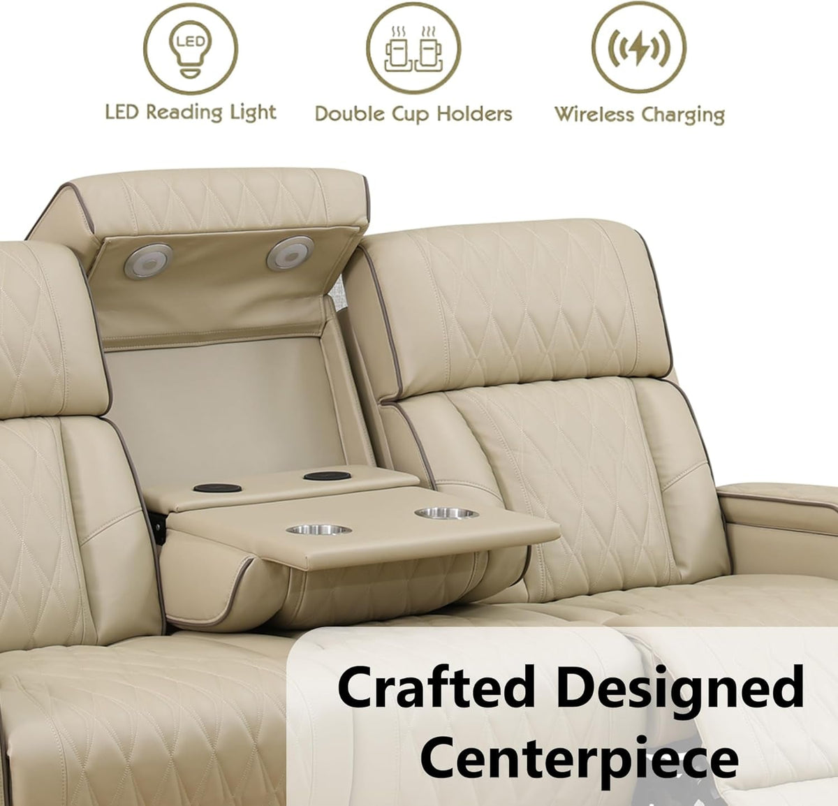 Khaki Premium Quality Leather Power Recliner Sofa USB Port by ShipItFurniture