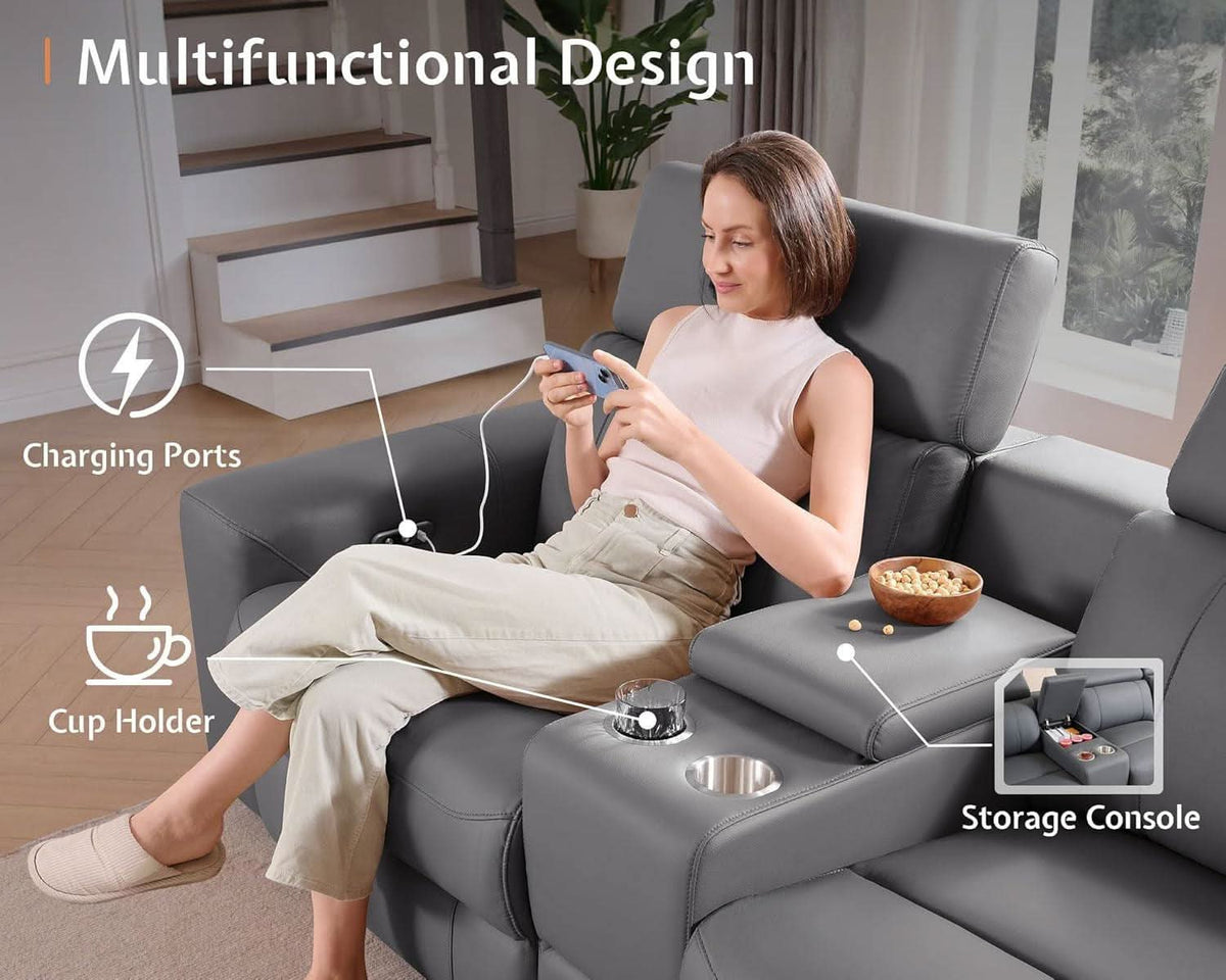Grey Leather Power Recliner Sofa With Center Console by ShipItFurniture