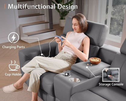 Grey Leather Power Recliner Sofa With Center Console by ShipItFurniture