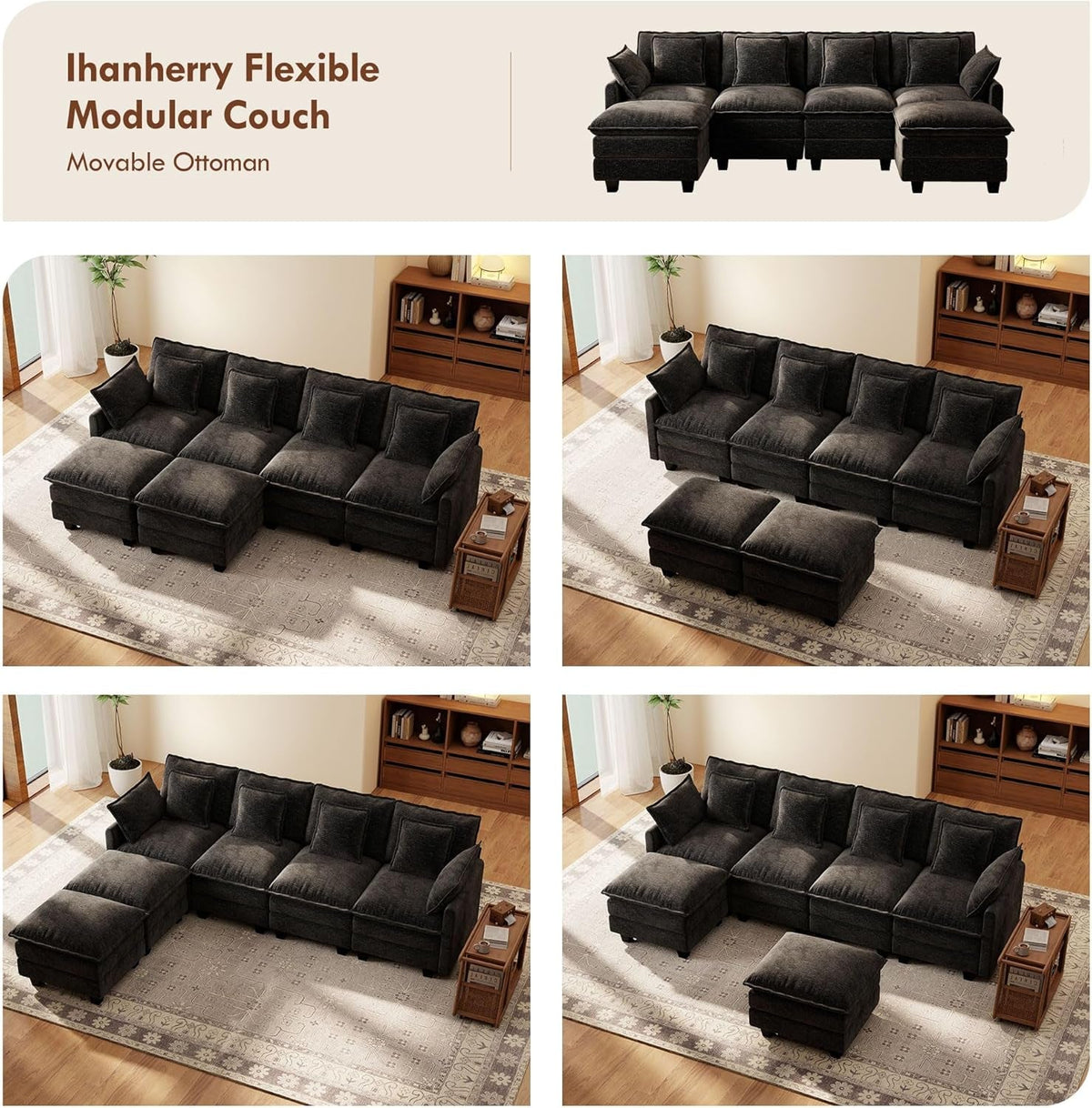 106-Inch Modular Cloud Sofa Black Sectional Modern by ShipItFurniture