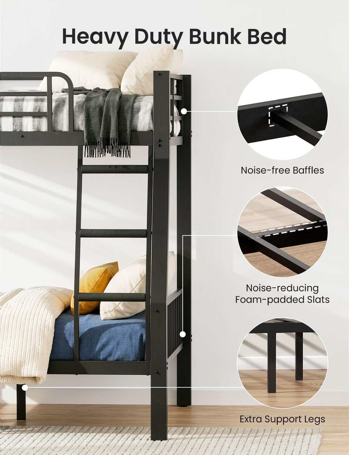 Full XL Over Queen Bunk Bed Black Heavy Duty Steel Frame by ShipItFurniture