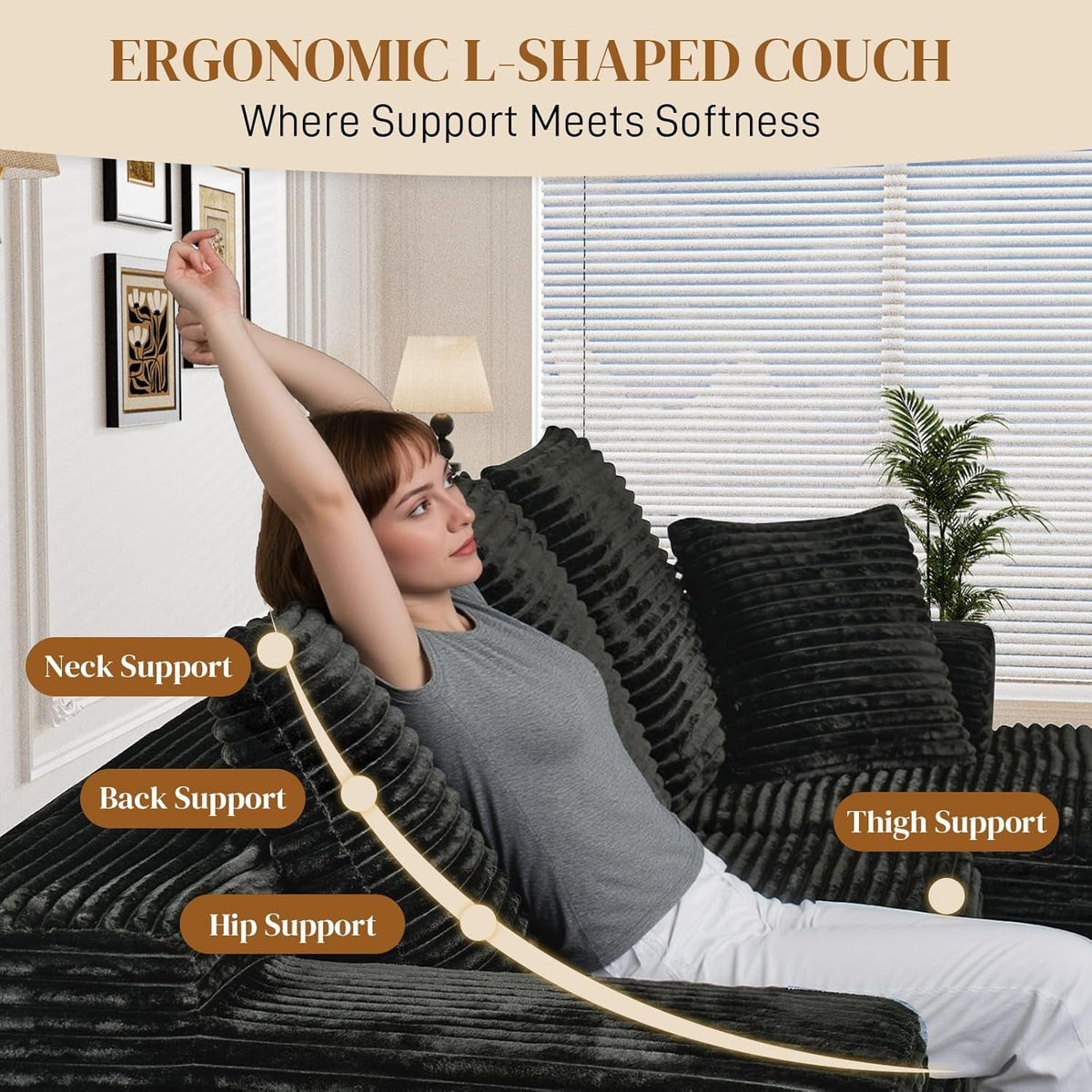 108 Inch Corduroy Left Facing Sectional Sofa Charcoal by ShipItFurniture
