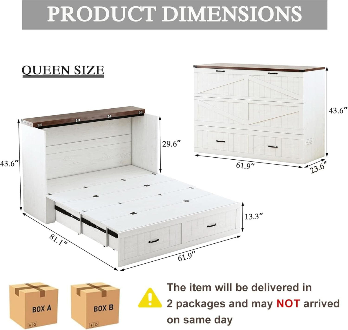 Queen Murphy Bed Frame Integrated Charging Station White by ShipItFurniture