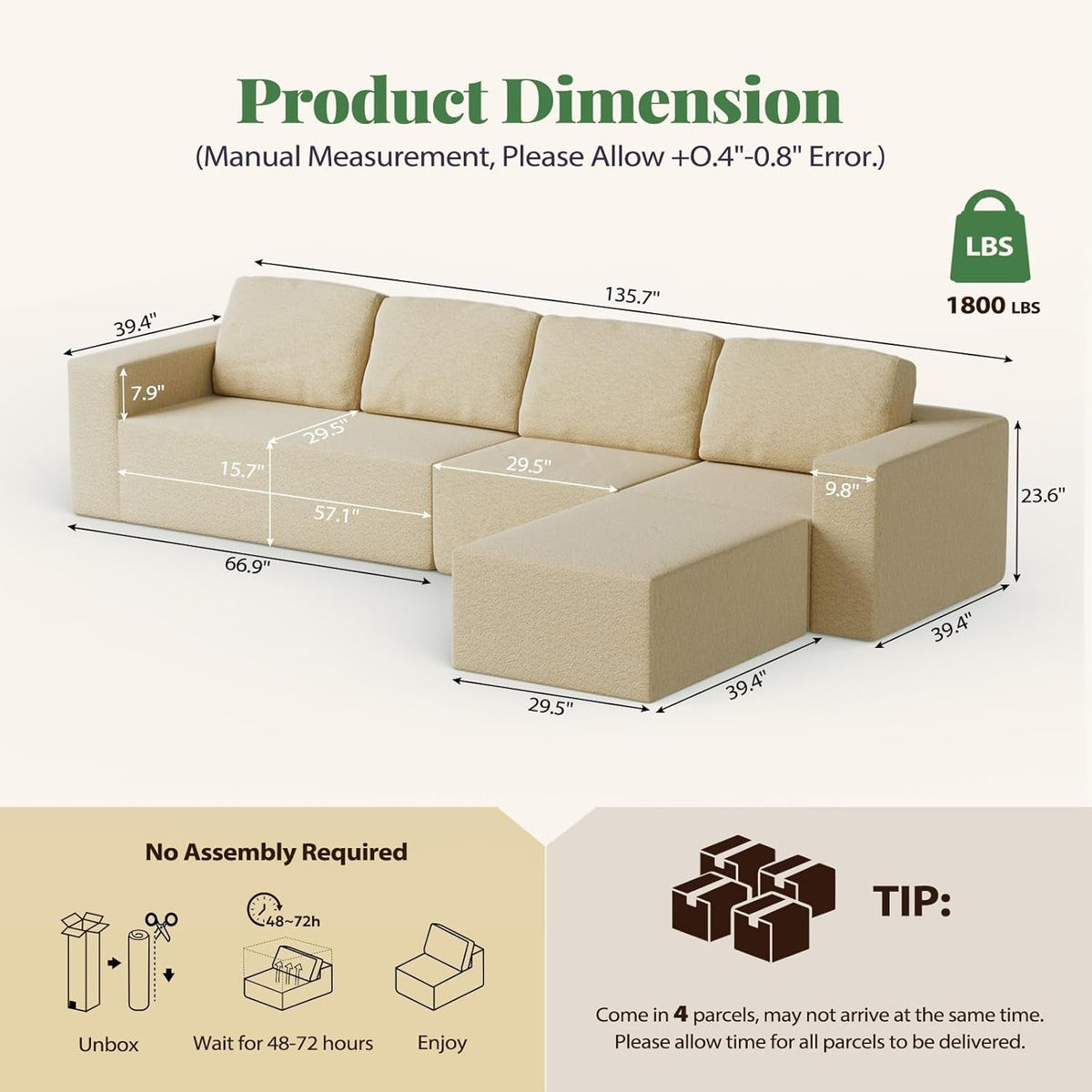 136Inch Modular L Shaped Sectional Sofa BeigeBoucle by ShipItFurniture