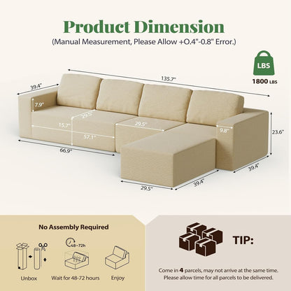 136Inch Modular L Shaped Sectional Sofa BeigeBoucle by ShipItFurniture
