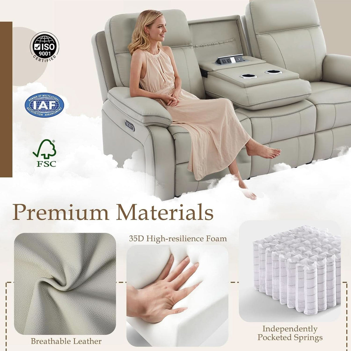 Grey Power Reclining Sofa With Fold Down Table Usb Type C by ShipItFurniture