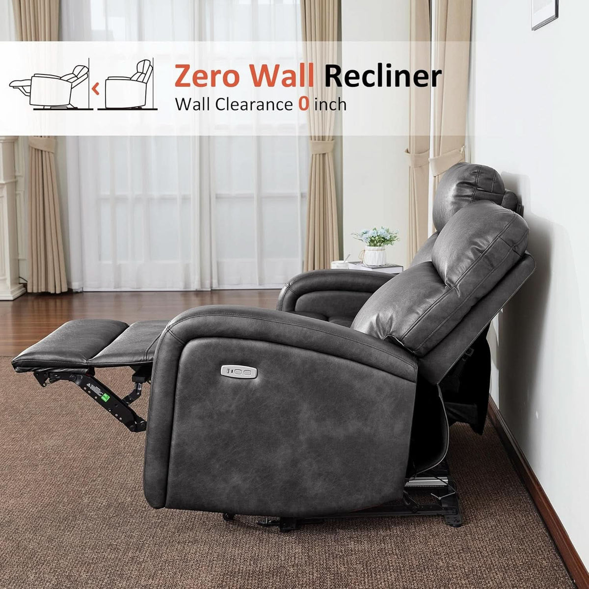 Dark Grey Zero Wall Power Recliner Loveseat With USB Ports by ShipItFurniture