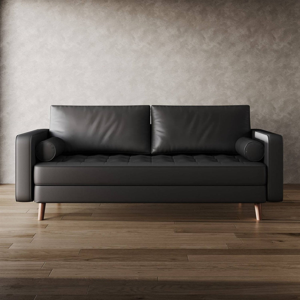 Black Upholstered Faux Leather Sofa w/ Pillows Solid Hardwood Legs by SataTrade-U.S LLC