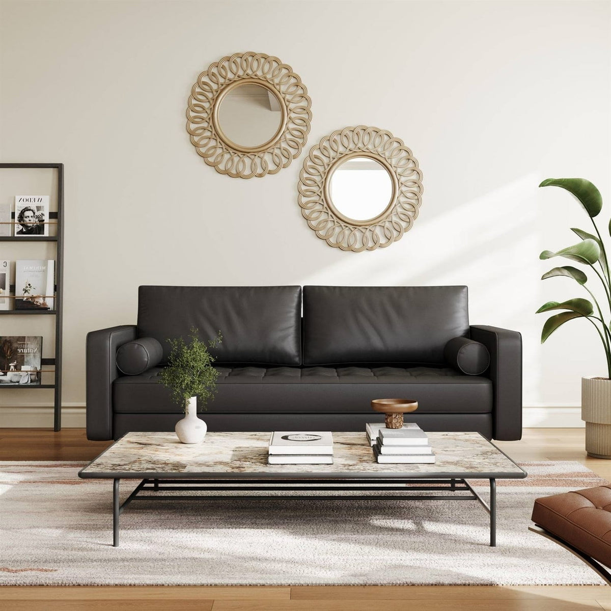 Black Upholstered Faux Leather Sofa w/ Pillows Solid Hardwood Legs by SataTrade-U.S LLC
