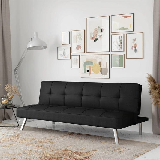 Modern Futon Sofa Bed in Black Fabric with Chrome Metal Legs by SataTrade-U.S LLC