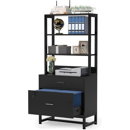 Home Office Lockable 2 Drawer Filing Cabinet Bookshelf in Black Wood Finish by FastFurnishings