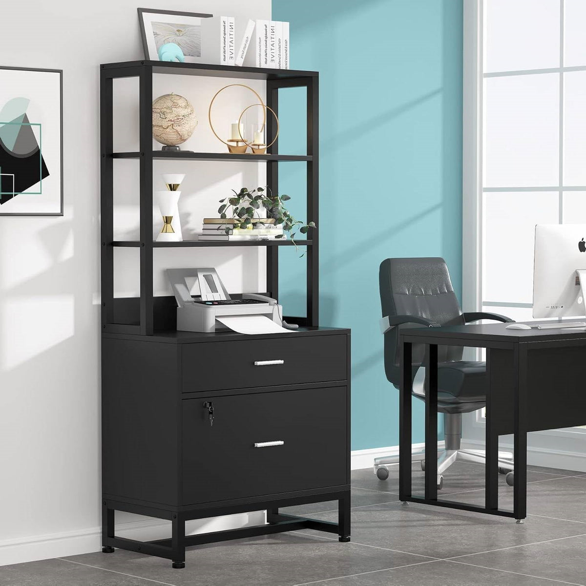 Home Office Lockable 2 Drawer Filing Cabinet Bookshelf in Black Wood Finish by FastFurnishings