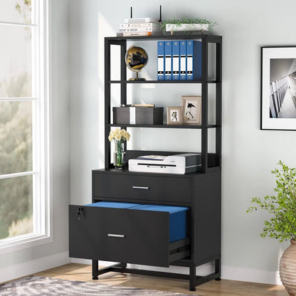 Home Office Lockable 2 Drawer Filing Cabinet Bookshelf in Black Wood Finish by FastFurnishings