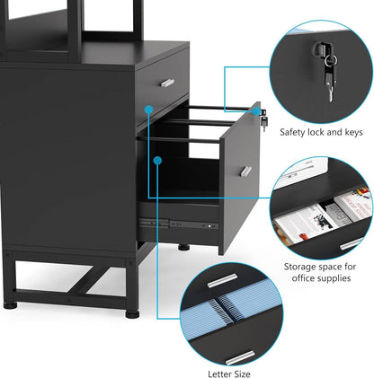 Home Office Lockable 2 Drawer Filing Cabinet Bookshelf in Black Wood Finish by FastFurnishings
