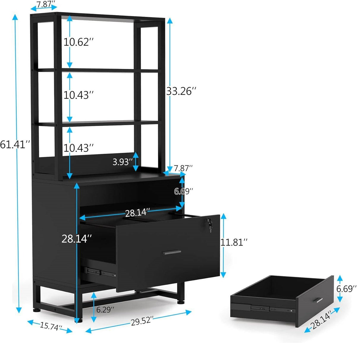 Home Office Lockable 2 Drawer Filing Cabinet Bookshelf in Black Wood Finish by FastFurnishings
