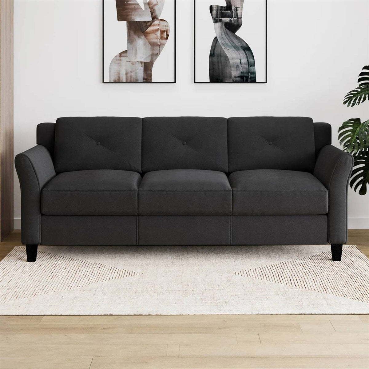 Modern 3-Seater Black Microfiber Upholstered Sofa by SataTrade-U.S LLC