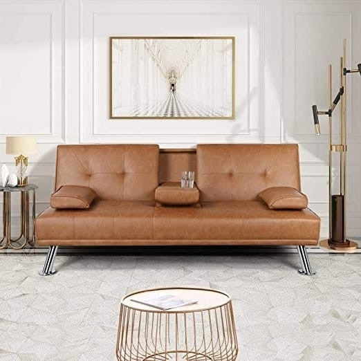 Brown Modern Faux Leather Cup Holders Convertible Sofa Bed Futon Sleeper by SataTrade-U.S LLC