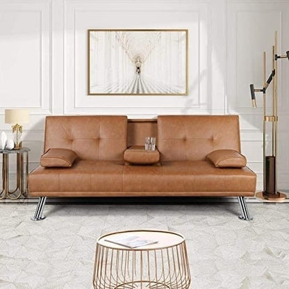 Brown Modern Faux Leather Cup Holders Convertible Sofa Bed Futon Sleeper by SataTrade-U.S LLC