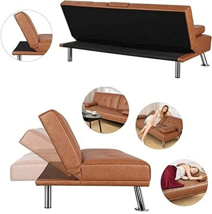 Brown Modern Faux Leather Cup Holders Convertible Sofa Bed Futon Sleeper by SataTrade-U.S LLC