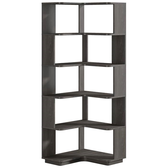 Multifunctional 6 Shelf Corner L-Shaped Bookcase in Dark Grey Wood Finish by FastFurnishings